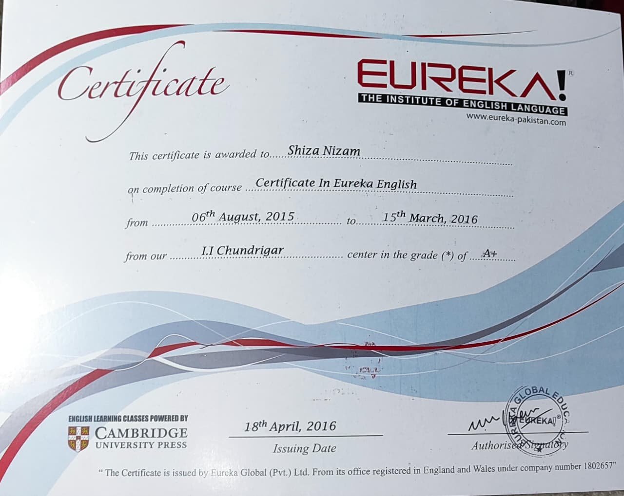 Certificate in English Language - Eureka